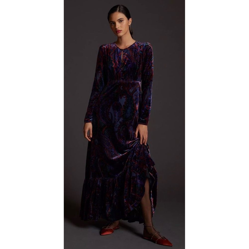 Anthropologie Burnout Velvet Maxi Dress Long Sleeve 6